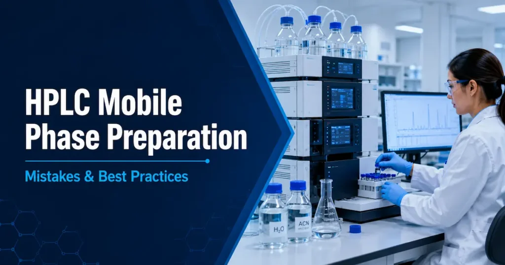 HPLC mobile phase preparation with solvents, filtration, pH control, and laboratory glassware