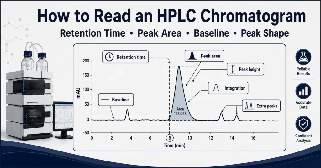 Illustration of an HPLC chromatogram showing retention time, peak area, baseline, peak height, integration, and extra peaks
