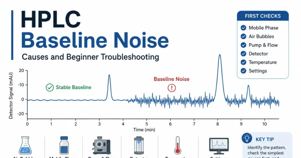 HPLC chromatogram showing baseline noise, drift, spikes, and first troubleshooting checks