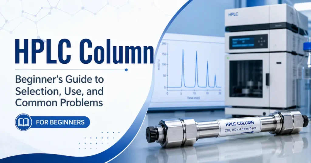 HPLC column beginner guide showing an HPLC column, chromatogram, and HPLC instrument