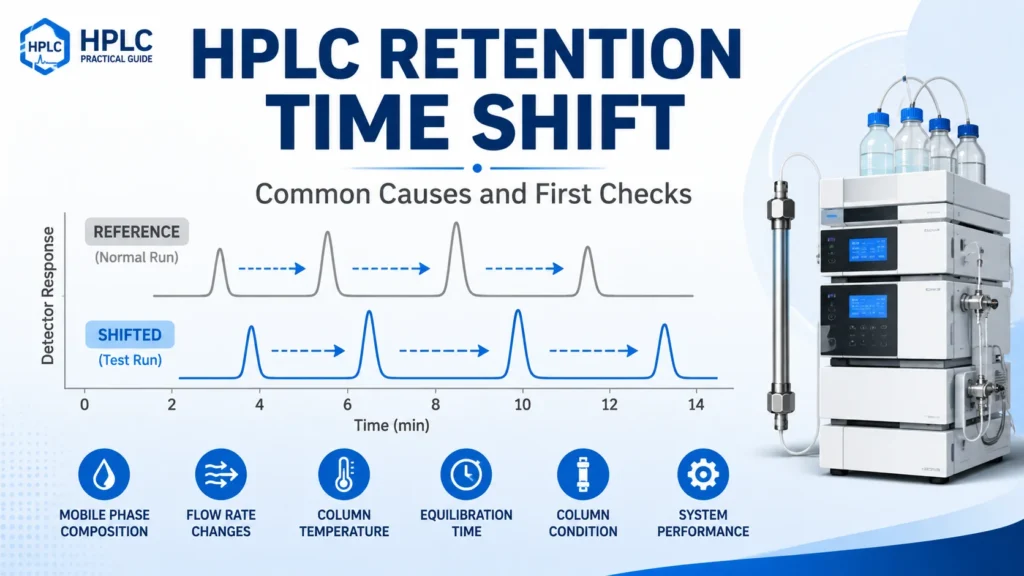 HPLC chromatogram showing retention time shift, common causes, and first troubleshooting checks